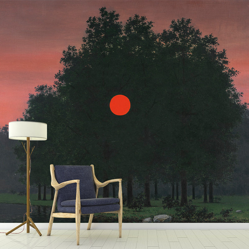 Illustration Forest Sunset Wall Murals for Living Room, Black-Pink, Custom Size Available