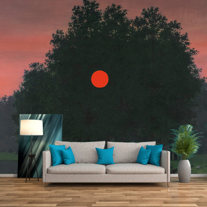 Illustration Forest Sunset Wall Murals for Living Room, Black-Pink, Custom Size Available