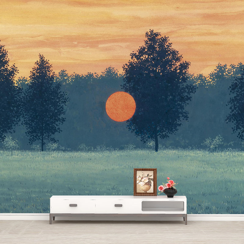Sunset over a Lawn Murals in Yellow-Green Surreal Wall Covering for Home Decoration