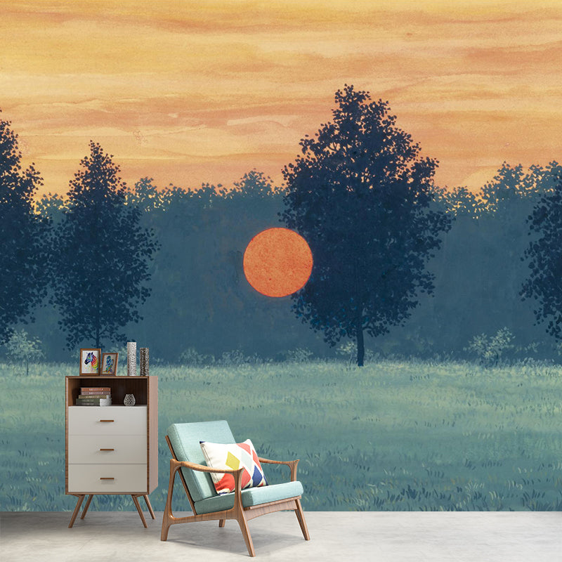 Sunset over a Lawn Murals in Yellow-Green Surreal Wall Covering for Home Decoration