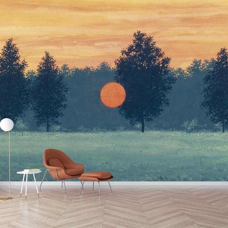 Sunset over a Lawn Murals in Yellow-Green Surreal Wall Covering for Home Decoration