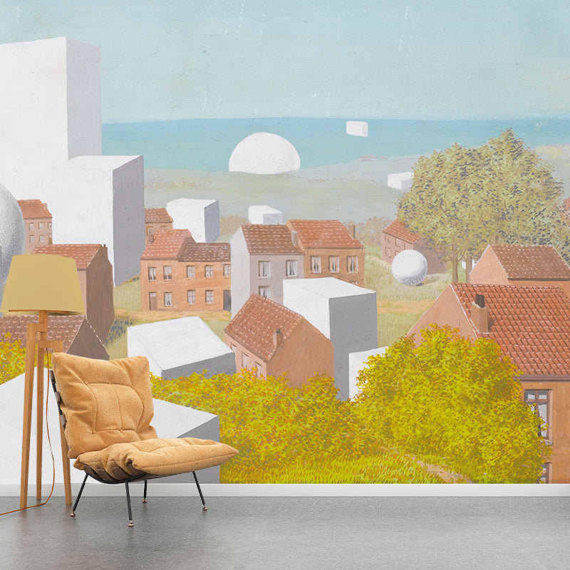 Orange-gelbe surrealistische Tapetenwandbilder in Originalgröße, Küstenstadtmalerei, Wanddekoration für Zuhause
