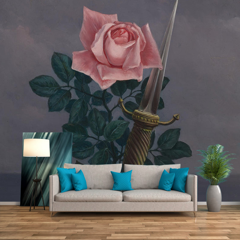Art Rose and Knight Murals Wallpaper Surreal Non-Woven Fabric Wall Decor in Pink-Green