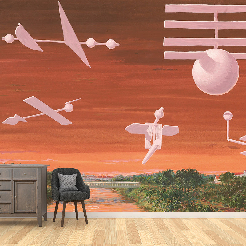 Orange-Green Flying Object Murals Moisture Resistant Surreal Bedroom Wall Decoration
