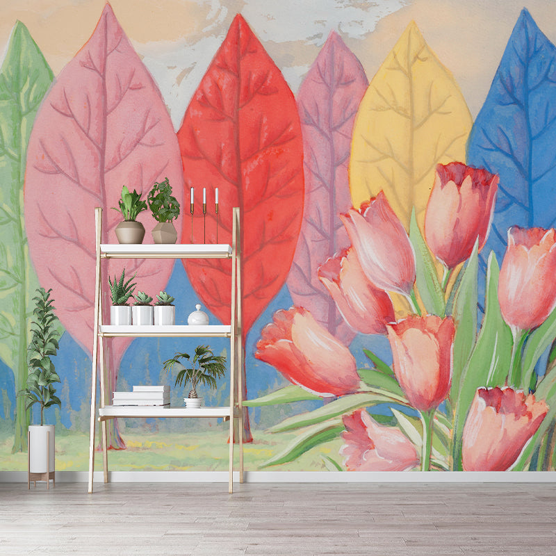 Leaf Tree and Tulip Murals Decal Multicolored Surrealism Wall Art for Living Room