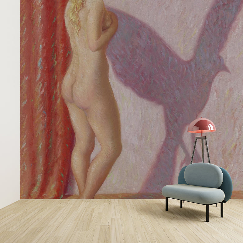 Red Brown Surrealistic Wallpaper Mural Whole Woman with Bird Shadow Drawing Wall Art for Home