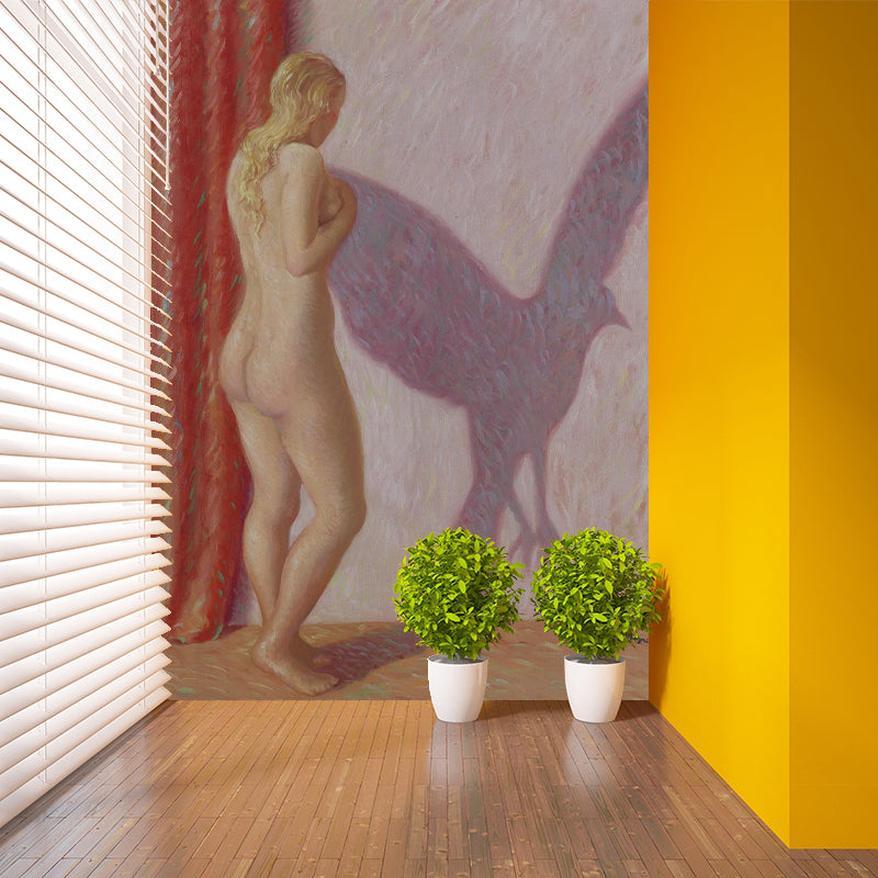 Red Brown Surrealistic Wallpaper Mural Whole Woman with Bird Shadow Drawing Wall Art for Home