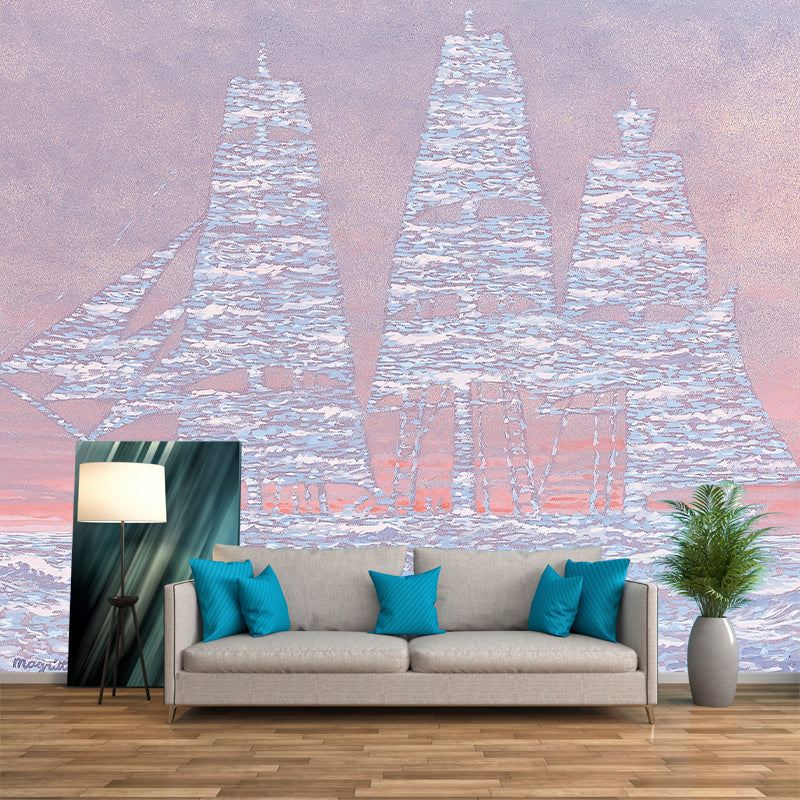 Big Sailing Ship Wallpaper Murals Surrealism Inspiring Artwork Wall Covering in Pink-Blue