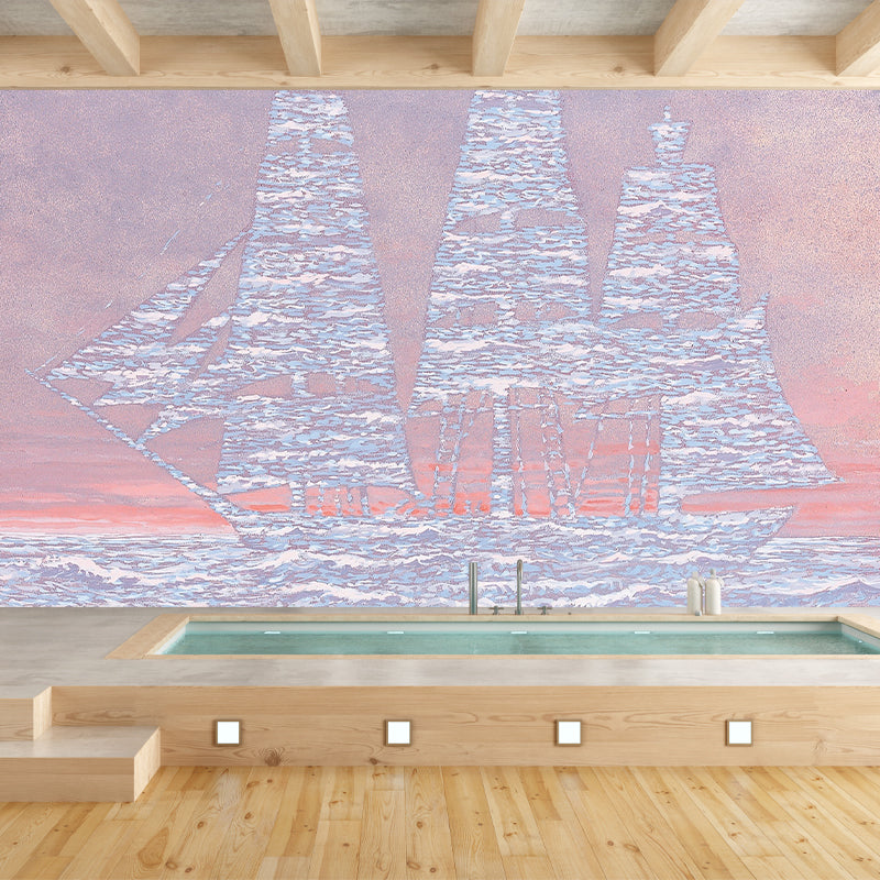 Big Sailing Ship Wallpaper Murals Surrealism Inspiring Artwork Wall Covering in Pink-Blue