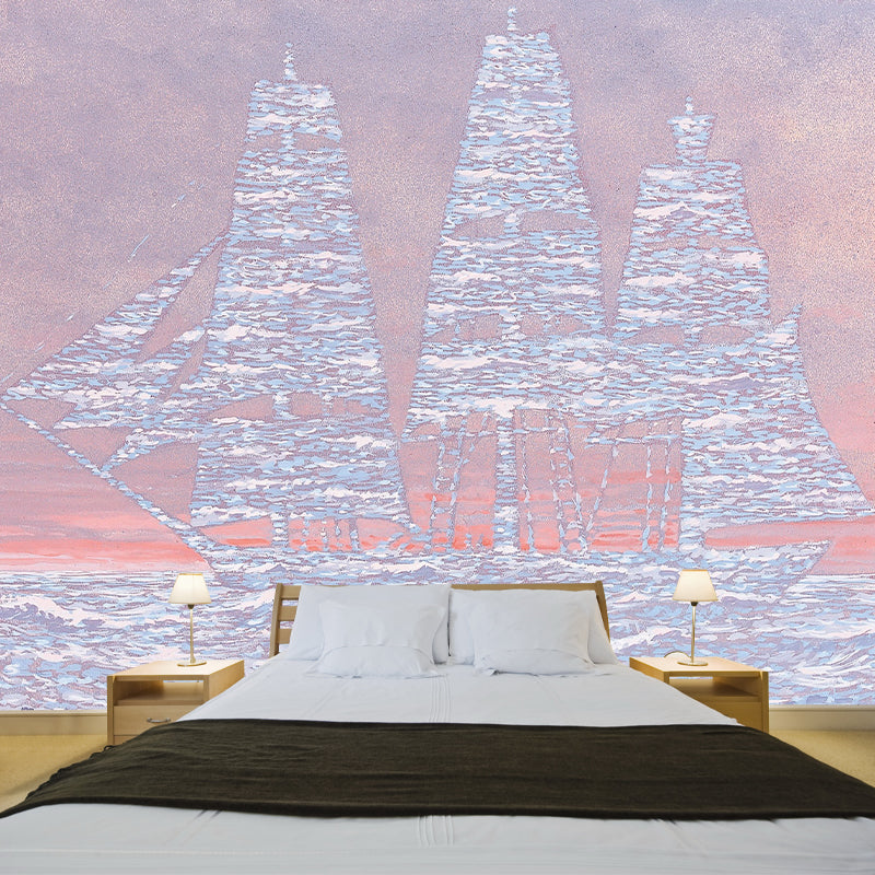 Big Sailing Ship Wallpaper Murals Surrealism Inspiring Artwork Wall Covering in Pink-Blue
