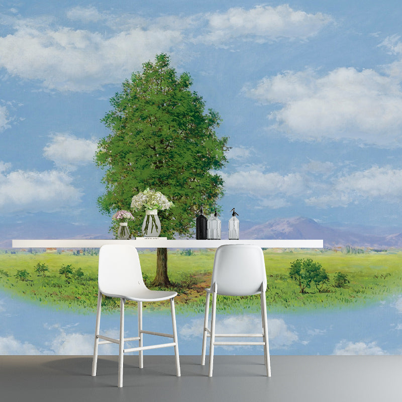 Surreal Floating Grassland Wall Murals Blue and Green Art Painting Wall Decoration