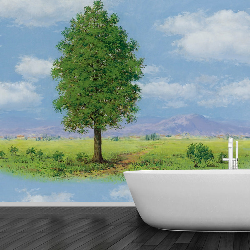 Surreal Floating Grassland Wall Murals Blue and Green Art Painting Wall Decoration