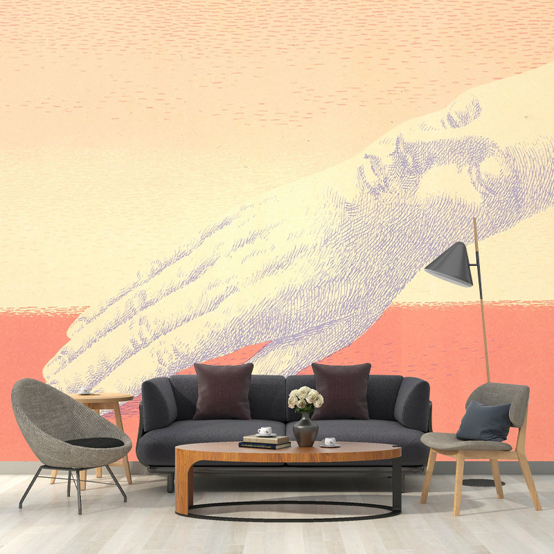 Surrealistic Wrist Face Mural Wallpaper in Orange-Yellow Moisture Resistant Wall Art for Bedroom