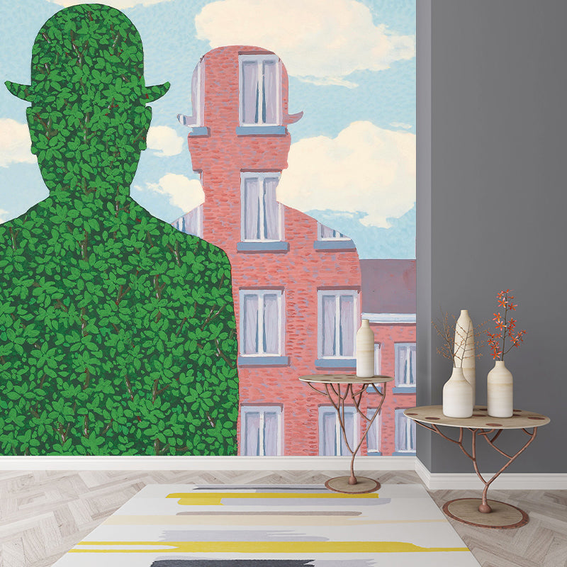 Surrealism Artwork Man Shape Mural Decal Pink-Green Moisture Resistant Wall Covering for Corridor