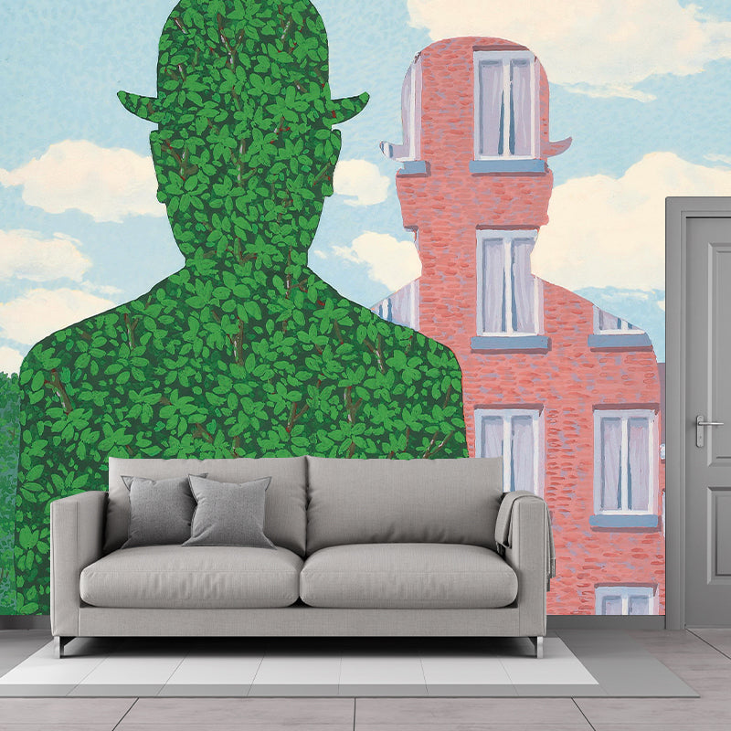 Surrealism Artwork Man Shape Mural Decal Pink-Green Moisture Resistant Wall Covering for Corridor