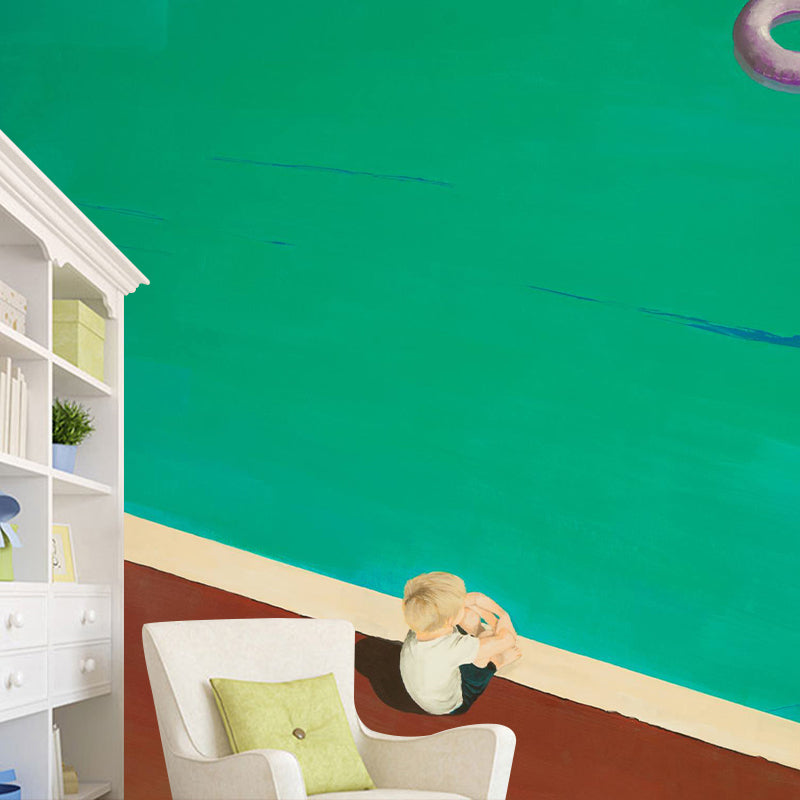 Red-Green Art Wall Mural Whole Boy by the Pool Side Alone Drawing Wall Covering for Home