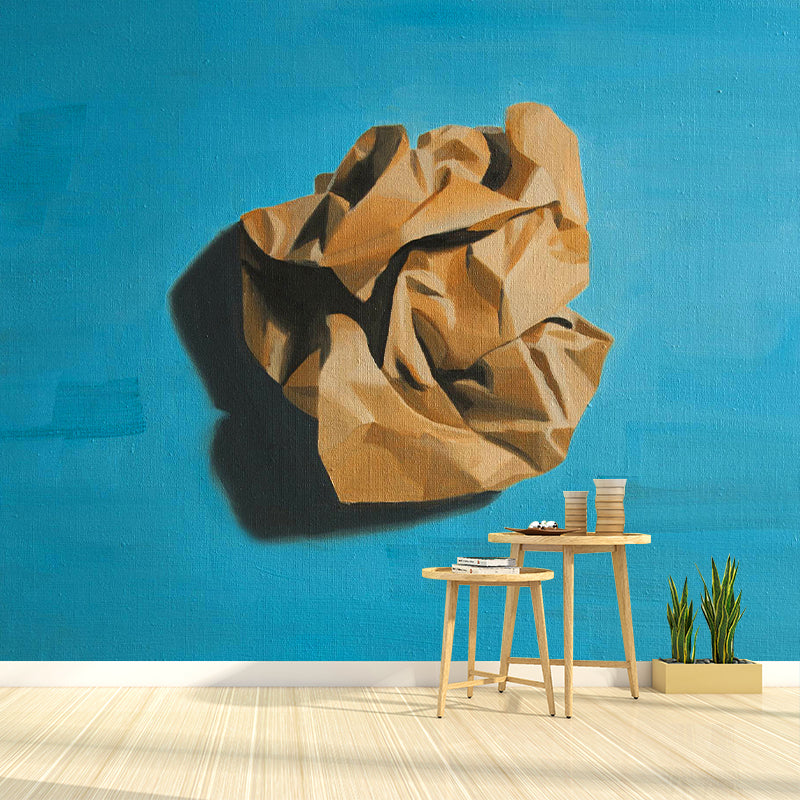 Crumpled Paper Ball Mural in Blue-Brown Modern Art Wall Covering for Living Room