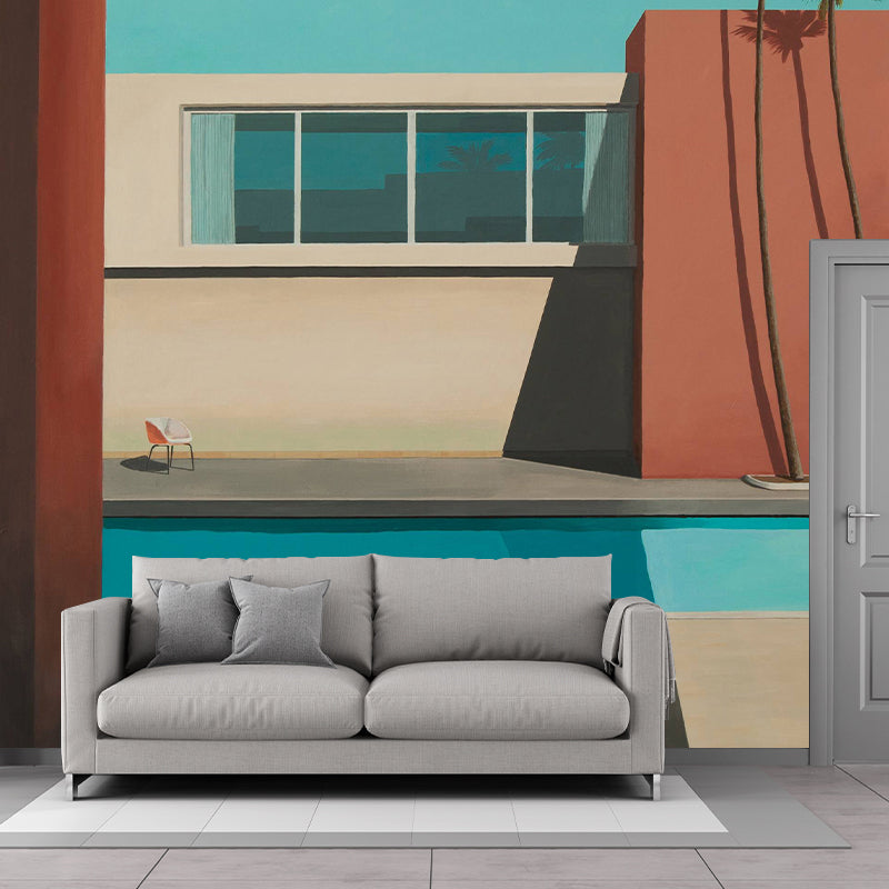 Blue-Brown Swimming Pool Murals Moisture Resistant Wall Covering for Living Room
