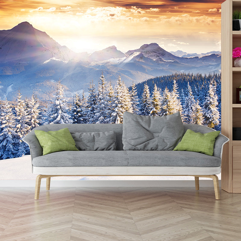 Custom Photography Modern Mural with Sunset at Snowy Pine Forest Pattern in Blue-Brown
