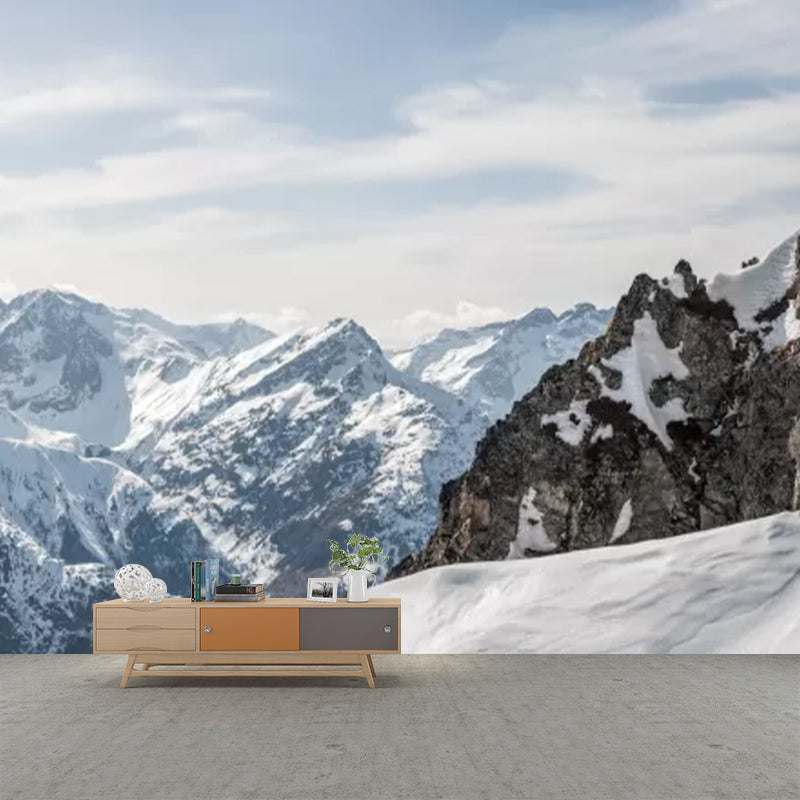 Modern Snowy Mountain Range Murals Blue and White Winter Landscape Wall Covering