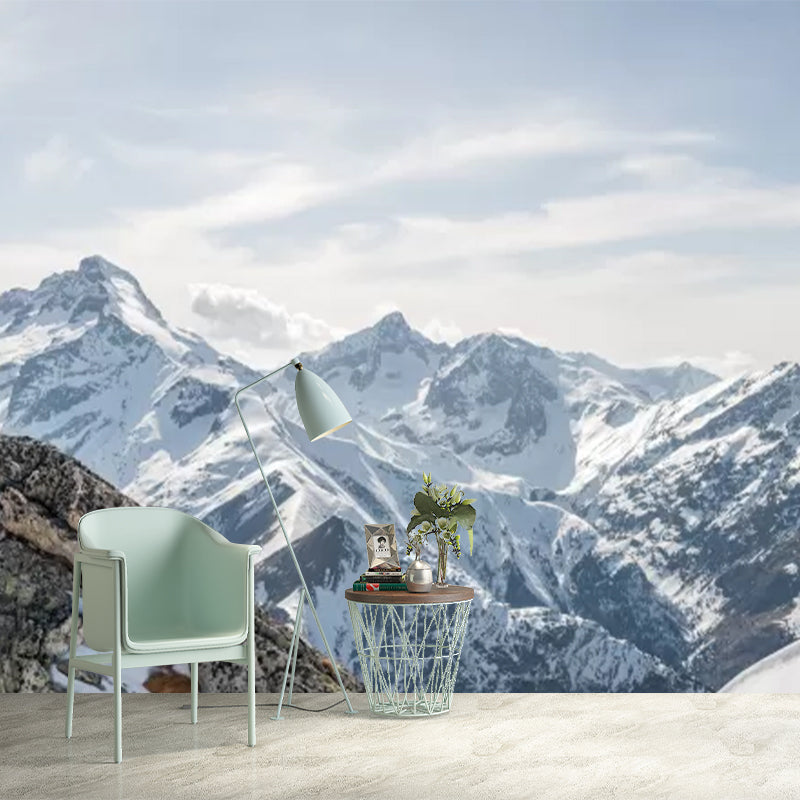 Modern Snowy Mountain Range Murals Blue and White Winter Landscape Wall Covering