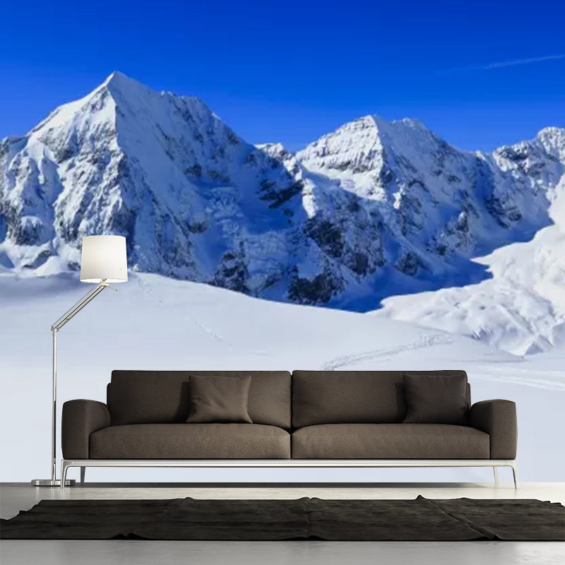 Full Size Snow Scenery Mural for Bedroom Straight Road to Mountain Pattern Wall Decor in Blue-White, Waterproof