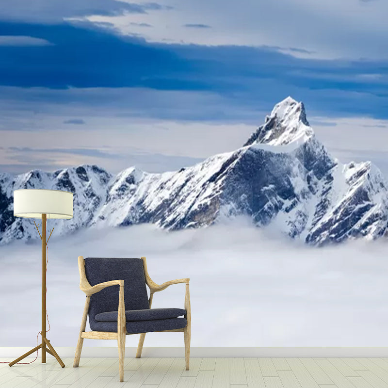 Huge Winter Scene Wall Mural Modern Beautiful Snowy Peak Above the Cloud Wall Art in Blue-White