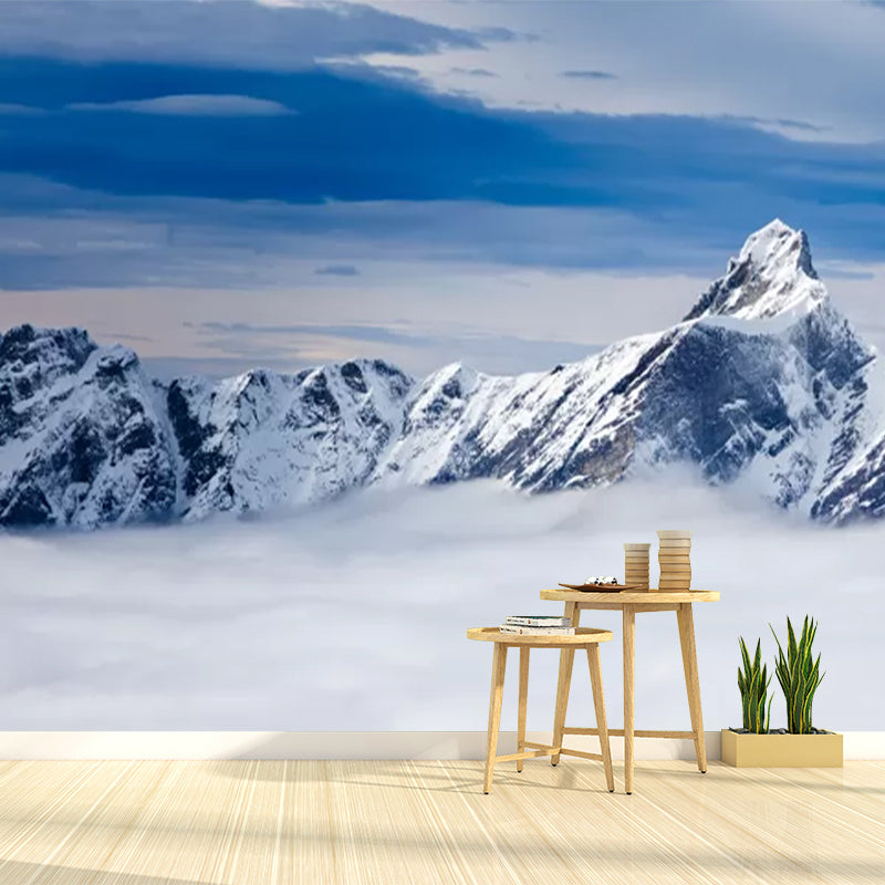 Huge Winter Scene Wall Mural Modern Beautiful Snowy Peak Above the Cloud Wall Art in Blue-White