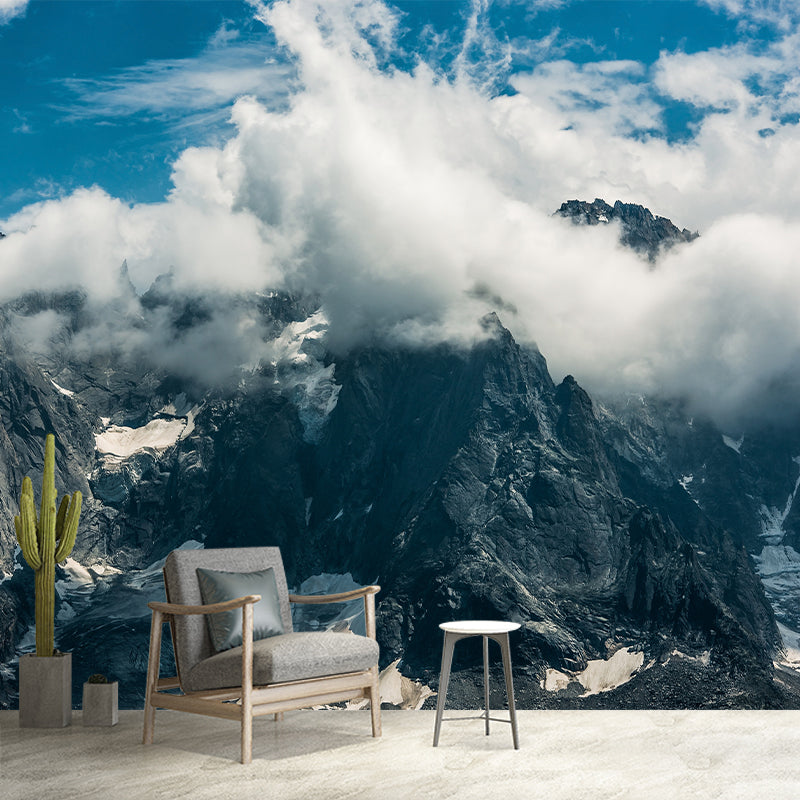 Cool Cloudy Rocky Mountain Murals for Living Room, Grey-White, Custom Size Available