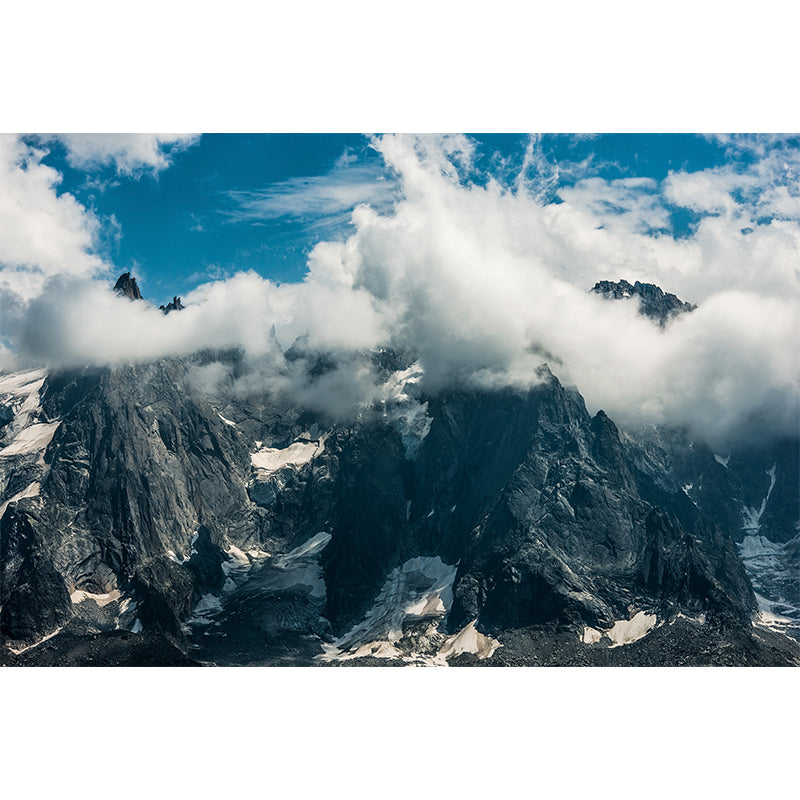 Cool Cloudy Rocky Mountain Murals for Living Room, Grey-White, Custom Size Available