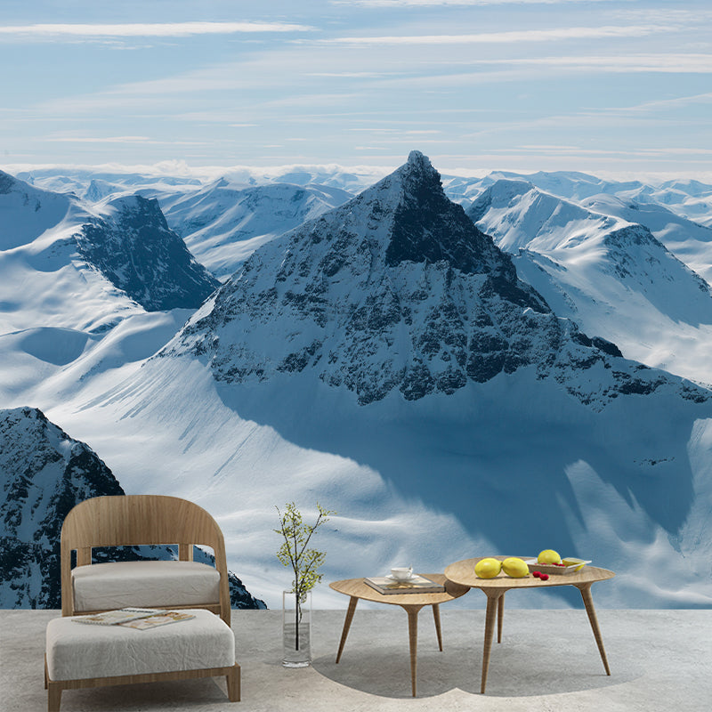 Modern Snowy Mountain Landscape Mural Blue-White Stain Resistant Wall Decor for Living Room