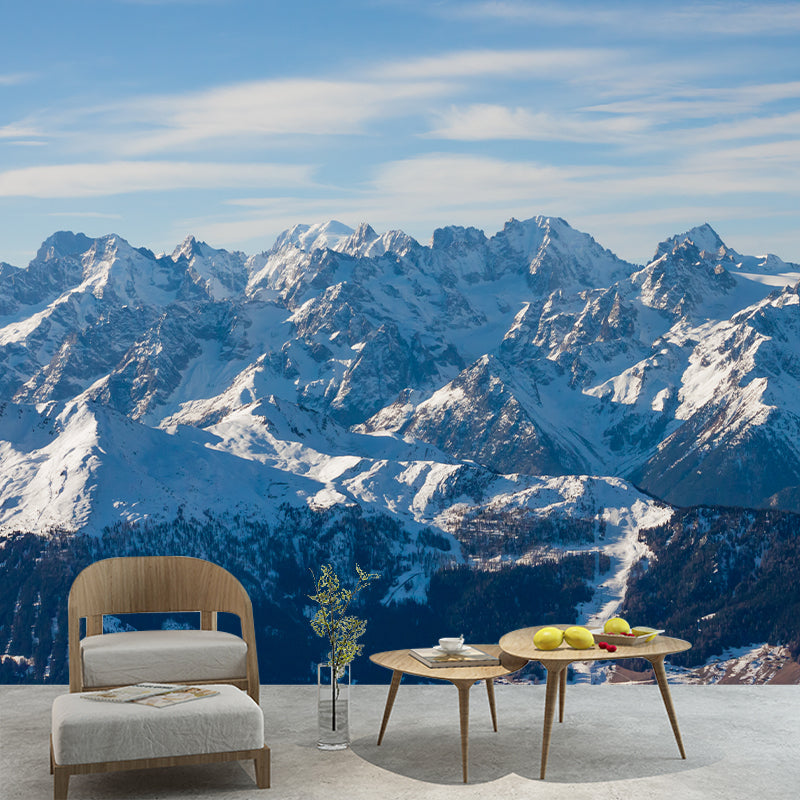 Customized Photography Modern Wall Mural with Sun Illuminating Snow Mountain Pattern, Blue-White