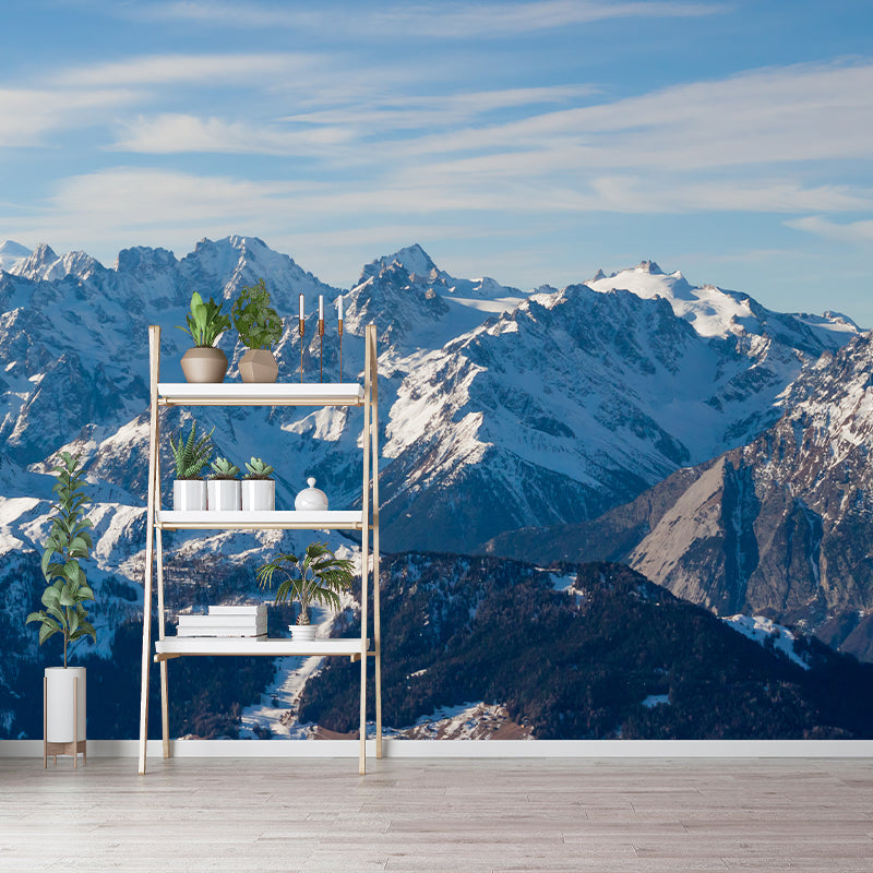 Customized Photography Modern Wall Mural with Sun Illuminating Snow Mountain Pattern, Blue-White