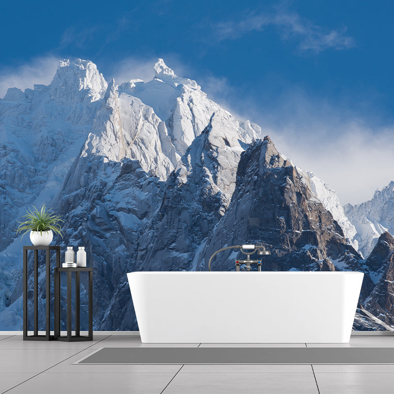 Blue-White Mountain Peaks Murals Snow Landscape Modern Moisture Resistant Wall Covering