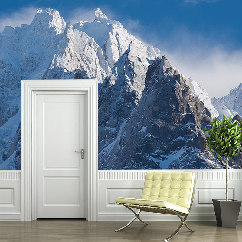 Blue-White Mountain Peaks Murals Snow Landscape Modern Moisture Resistant Wall Covering
