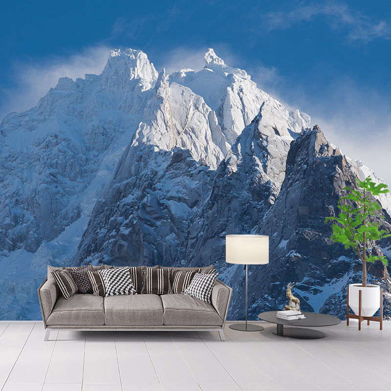 Blue-White Mountain Peaks Murals Snow Landscape Modern Moisture Resistant Wall Covering