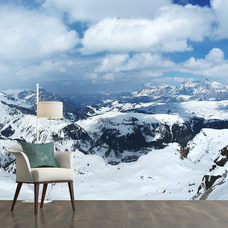 Cloudy Snow Mountain Wall Murals Blue-White Contemporary Wall Decor for Living Room