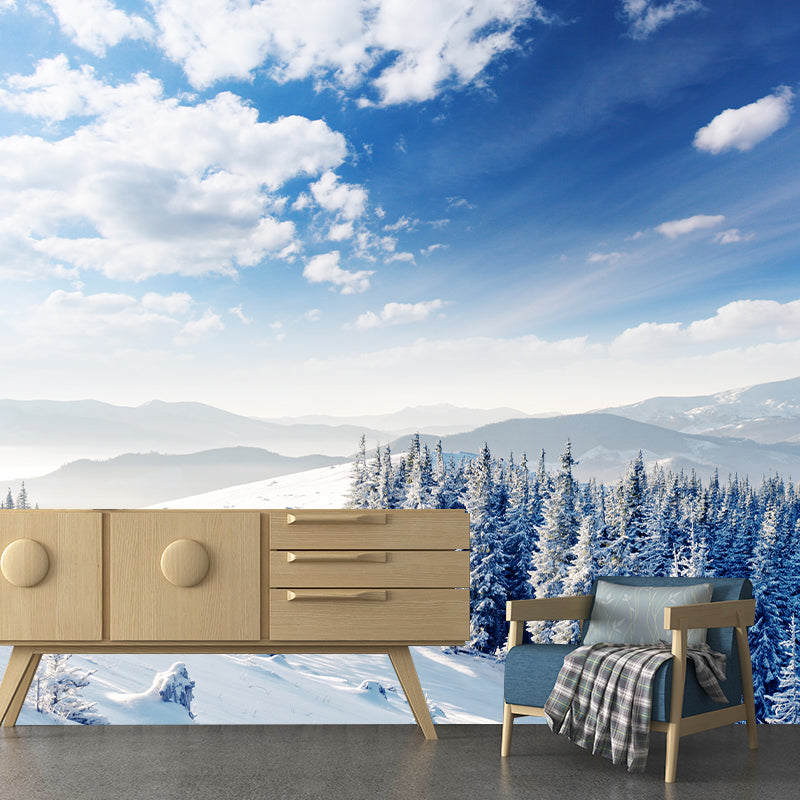 Modern Snowy Pine Forest Mural Wallpaper Blue-White Waterproof Wall Art for Living Room