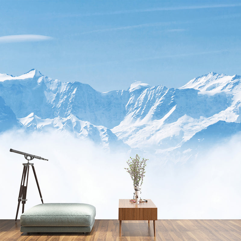 Large Contemporary Mural Wallpaper Blue-White Snow Mountain above Cloud Wall Art, Custom Size