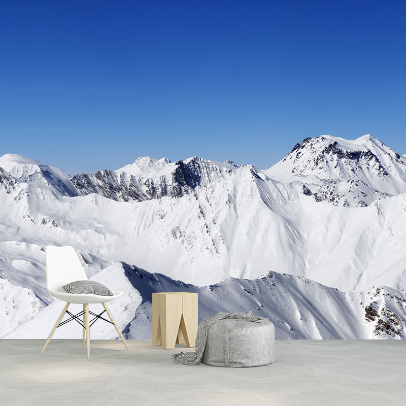 Snow Mountains Wall Paper Mural in Blue-White Contemporary Wall Art for Living Room