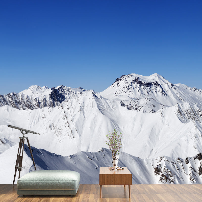 Snow Mountains Wall Paper Mural in Blue-White Contemporary Wall Art for Living Room