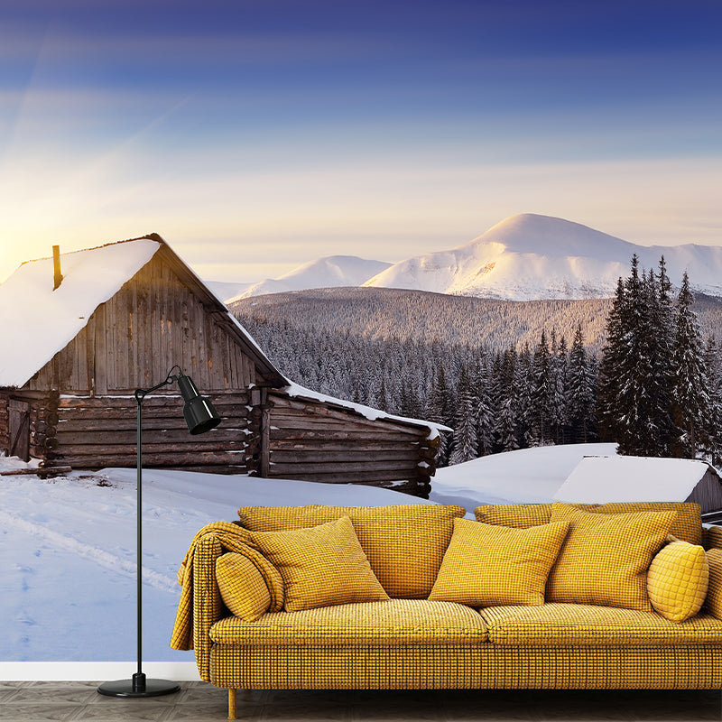 Winter Landscape Log Cabin Mural Nordic Non-Woven Cloth Wall Decor in Blue-Brown