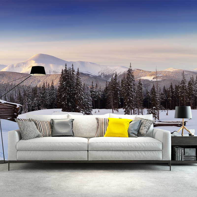 Winter Landscape Log Cabin Mural Nordic Non-Woven Cloth Wall Decor in Blue-Brown