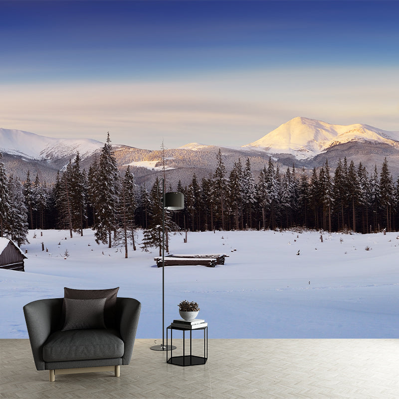 Winter Landscape Log Cabin Mural Nordic Non-Woven Cloth Wall Decor in Blue-Brown