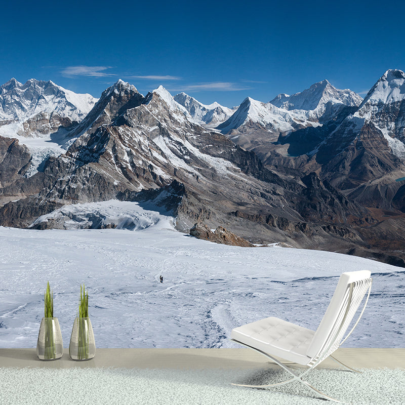 Extra Large Mountains Wall Mural for Bedroom Snow Scenery Wall Covering in Blue-Brown, Washable