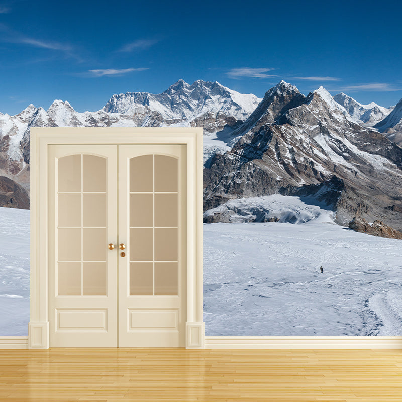 Extra Large Mountains Wall Mural for Bedroom Snow Scenery Wall Covering in Blue-Brown, Washable