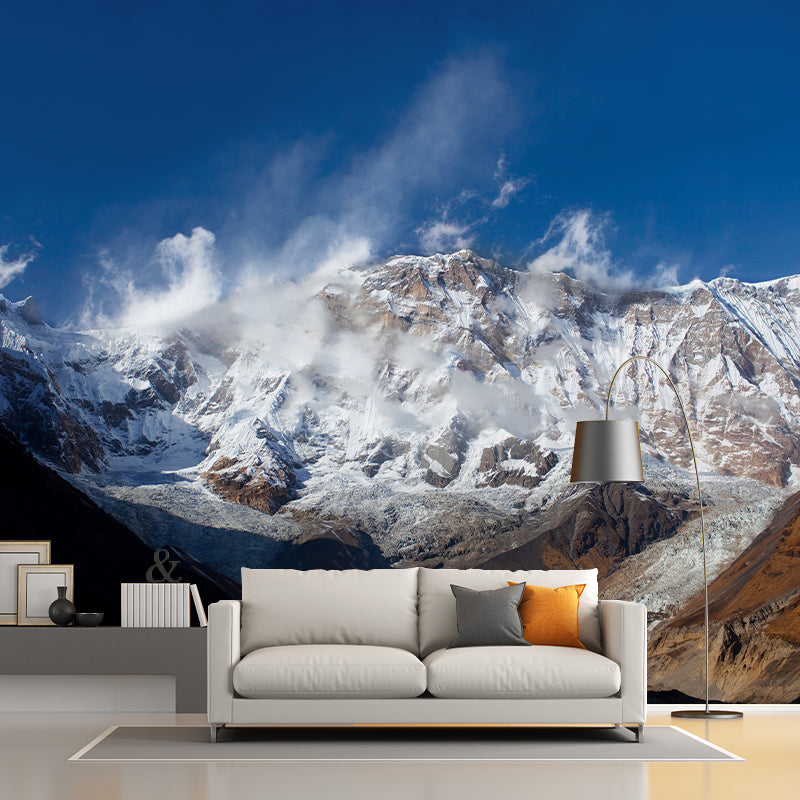 Non-Woven Stain Resistant Mural Modern Winter Rock Mountain Wall Art in Blue-White-Brown