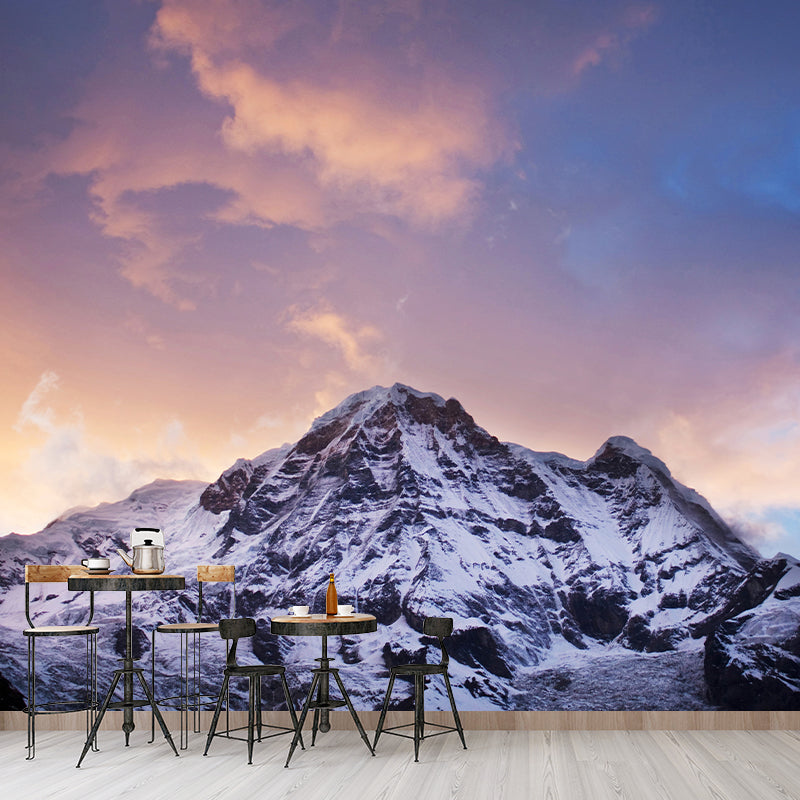 Orange-Blue Sunset Wallpaper Mural Snow Mountain Modern Washable Wall Covering for Home