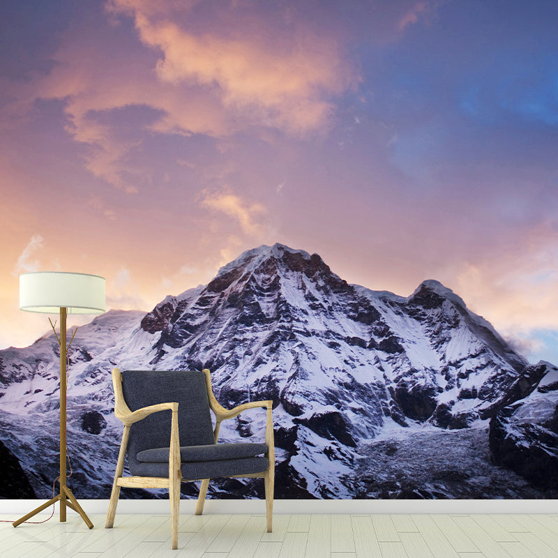 Orange-Blue Sunset Wallpaper Mural Snow Mountain Modern Washable Wall Covering for Home