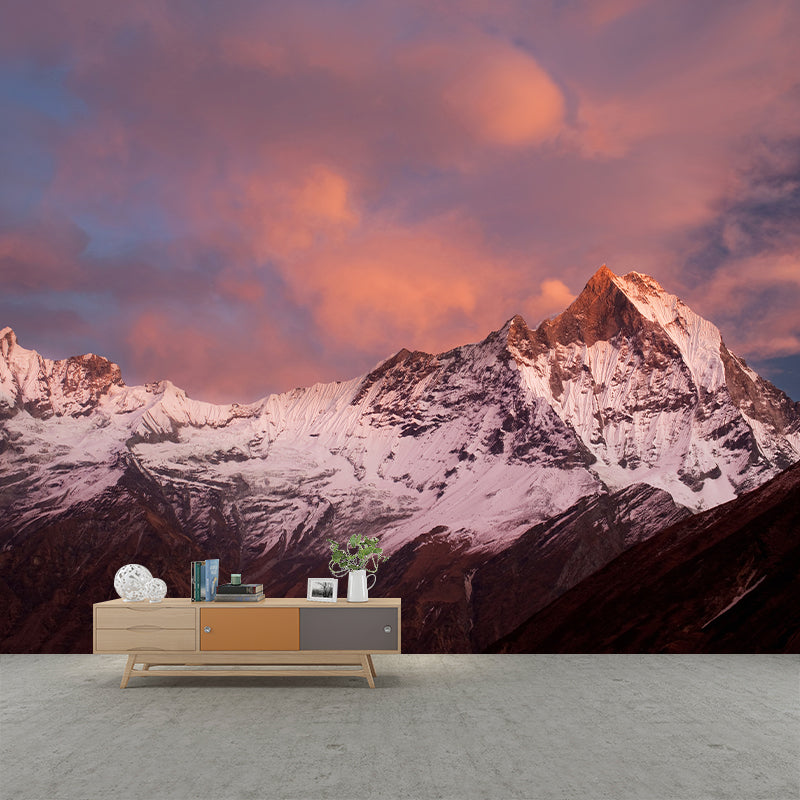 Snow Mountain at Dusk Mural Wallpaper Pink-Blue Modernist Wall Covering for Living Room
